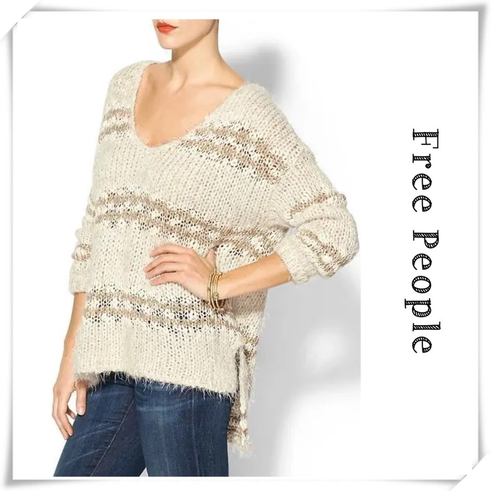 Free People Linus  Fuzzy Striped V Neck Sweater Oatmeal Beige Sz L GB975119105